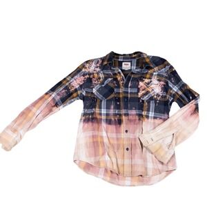 Levi's Flannel Shirt Womens Medium Pink Blue Bleach Dyed Acid Wash Plaid Grunge